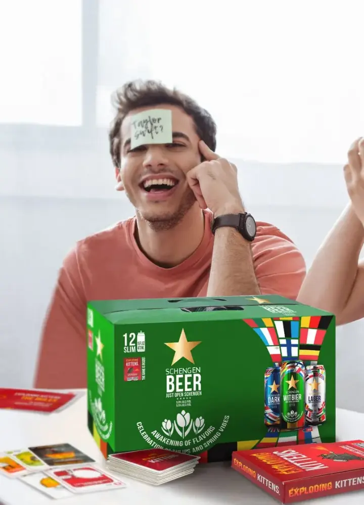 Schengen gift box with beer cans and the included party game